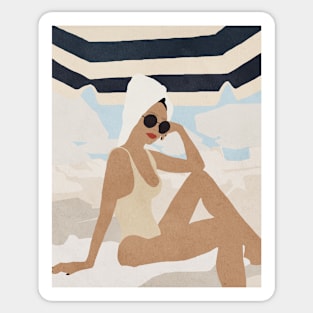 Girl on the beach, Boho style art, Mid century art Sticker